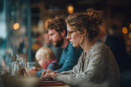 Focused young caucasian woman working in cafe with family nearby.の素材
