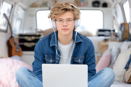 Caucasian teen male with headphones using laptop in cozy room.の素材