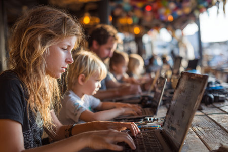 Caucasian family using laptops in cozy cafの素材