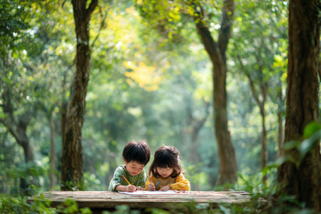 Asian children drawing in forested park under green canopy.の素材