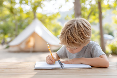Caucasian young boy writing in notebook at outdoor camping site with tent.の素材