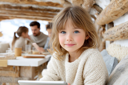 Smiling caucasian child in cozy winter cabin with family in background.の素材