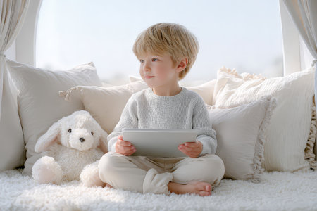 Young caucasian boy relaxing with tablet and stuffed toy in cozy setting.の素材