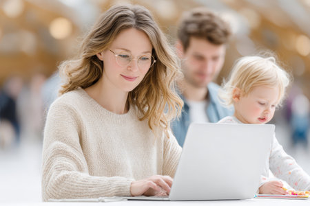 Caucasian female adult working on laptop with child and male adult in background.の素材