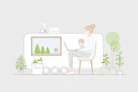 Caucasian adult female and child in minimalistic room with laptop and plants.の素材