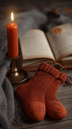 Cozy autumn scene with candlelight, wool socks, open book, and fall leaves.の素材