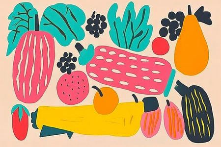 Vibrant abstract fruits and vegetables illustration with bold colors.の素材