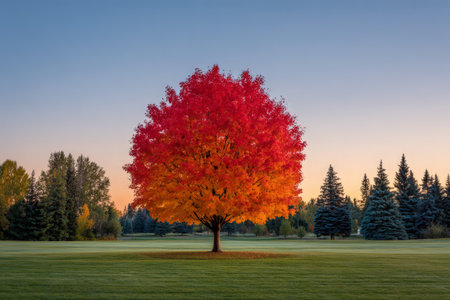 Vibrant red tree in serene parkland at sunset.の素材