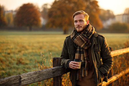 Young caucasian male enjoying coffee in autumn landscape during golden hour.の素材