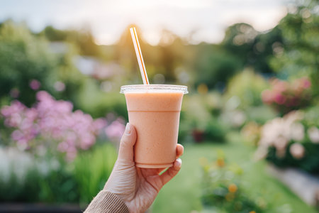 Hand holding refreshing orange smoothie outdoors in lush garden setting.の素材