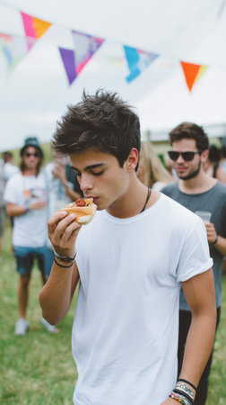 Young caucasian male enjoying a hot dog at an outdoor festival.の素材