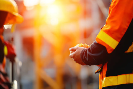 Construction worker eating sandwich at sunset on site.の素材