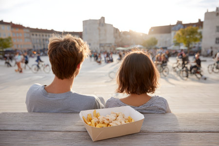Young caucasian couple enjoying fries in urban plaza during sunset.の素材