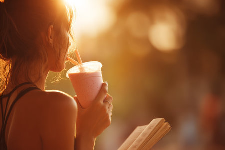 Young caucasian female enjoying smoothie and reading at sunset.の素材