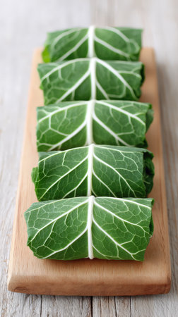 Fresh collard green wraps neatly arranged on wooden board.の素材