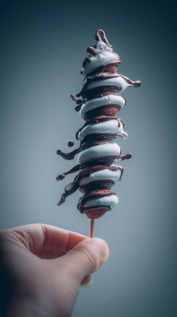 Hand holding chocolate and marshmallow drizzled dessert skewer.の素材