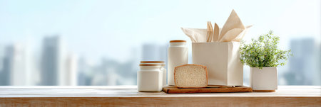 Minimalist kitchen setup with bread, jars, and plant on wooden table.の素材