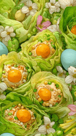Vibrant spring salad with eggs and flowers.の素材