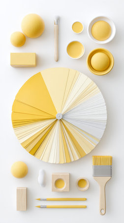 Yellow color palette with brushes and sponges on white background.の素材