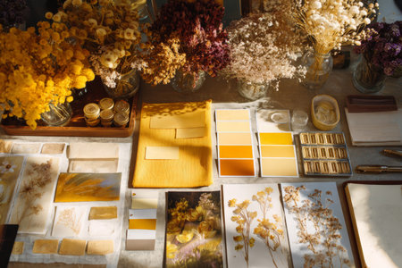 Dried flowers and yellow color swatches on a sunlit table.の素材