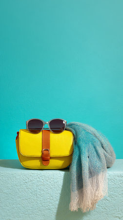 Stylish yellow bag with sunglasses and scarf against blue background.の素材