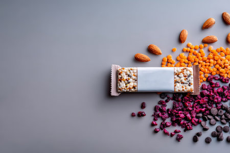Granola bar with almonds, dried berries, lentils, and chocolate chips on gray surface.の素材