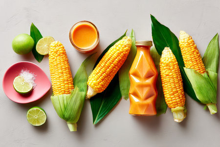 Corn and juice arrangement with limes and leaves on a textured surface.の素材