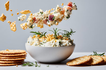 Savory cheese dip with crackers and herb garnish.の素材