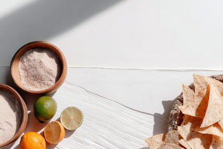 Tortilla chips with citrus and spices on a wooden table.の素材