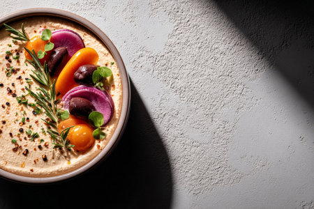 Colorful hummus bowl with vegetables and olives on textured surface.の素材