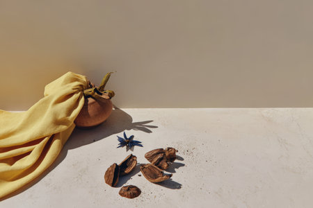 Dried botanicals and cloth in sunlit minimalist composition against neutral wall.の素材