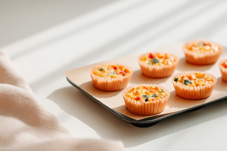 Colorful mini fruit tarts in orange cups on baking tray in sunlight.の素材