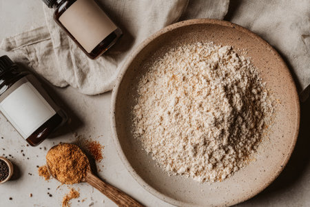 Rustic kitchen scene with flour in ceramic bowl and wooden spoon.の素材
