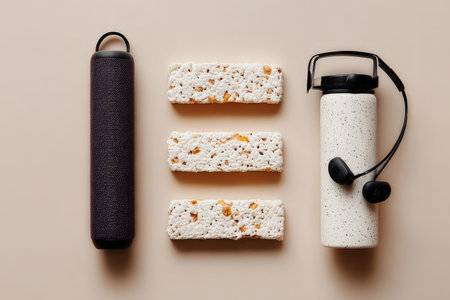 Modern fitness essentials with protein bars, water bottles, and wireless earphones.の素材