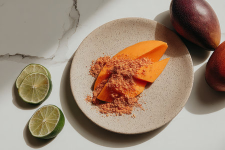 Fresh mango slices with tangy lime and salt on ceramic plate.の素材