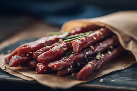 Savory beef jerky sticks in brown paper bag with sesame seeds and chives.の素材