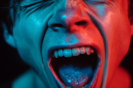 Young asian male expressing emotion with dramatic blue and red lighting.の素材