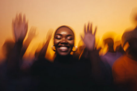 Joyful african female celebrating in blurred crowd against sunset glow.の素材