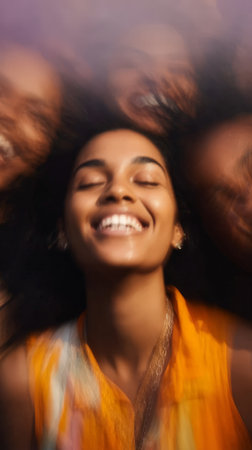 Joyful young hispanic female smiling with friends in motion blur.の素材