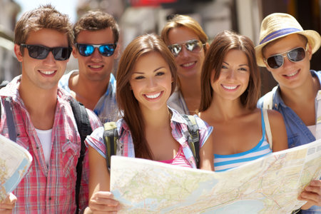 Group of young adult caucasian friends exploring city with maps on a sunny day.の素材