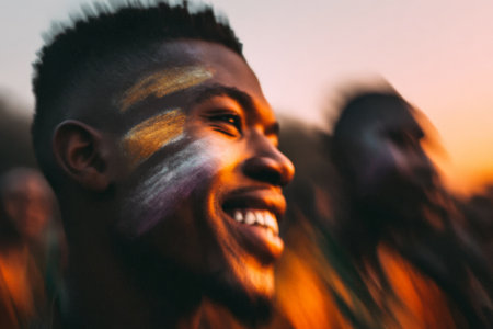 Joyful african young adult male with face paint in vibrant sunset.の素材