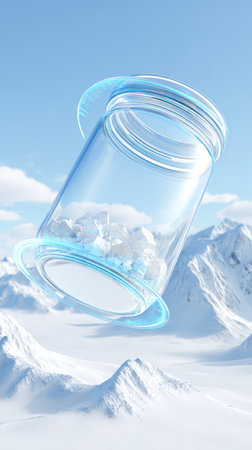 Futuristic floating jar with crystals over snowy mountains in clear blue sky.の素材