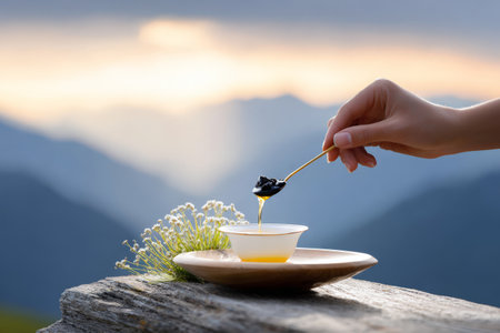 Serene mountain setting with honey spoon and delicate flowers at sunset.の素材