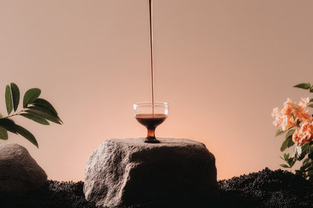 Artistic pouring of coffee liqueur into glass on rocky surface with floral accents.の素材