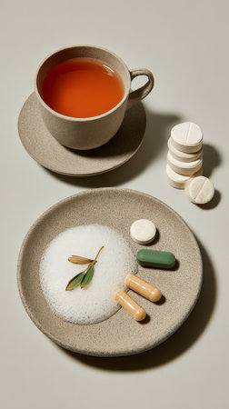 Herbal tea and assorted supplements on ceramic dishes.の素材