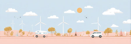 Scenic wind farm with cars and tents in serene landscape.の素材