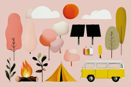 Illustrated camping scene: colorful trees, campfire, tent, and yellow camper van.の素材