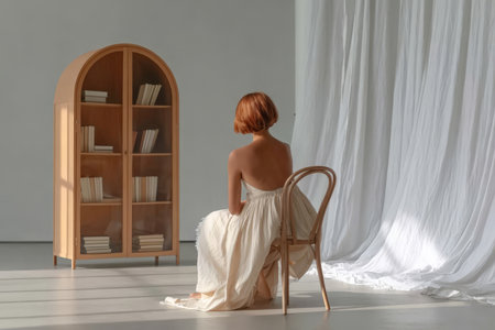 Young caucasian female in elegant dress sitting in minimalist room with bookshelf.の素材