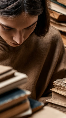 Young caucasian woman reading surrounded by stacks of old books.の素材