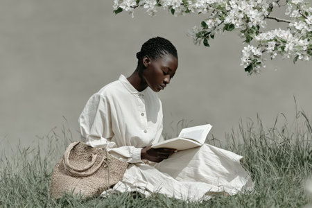 African young female reading under blossoming tree in nature.の素材
